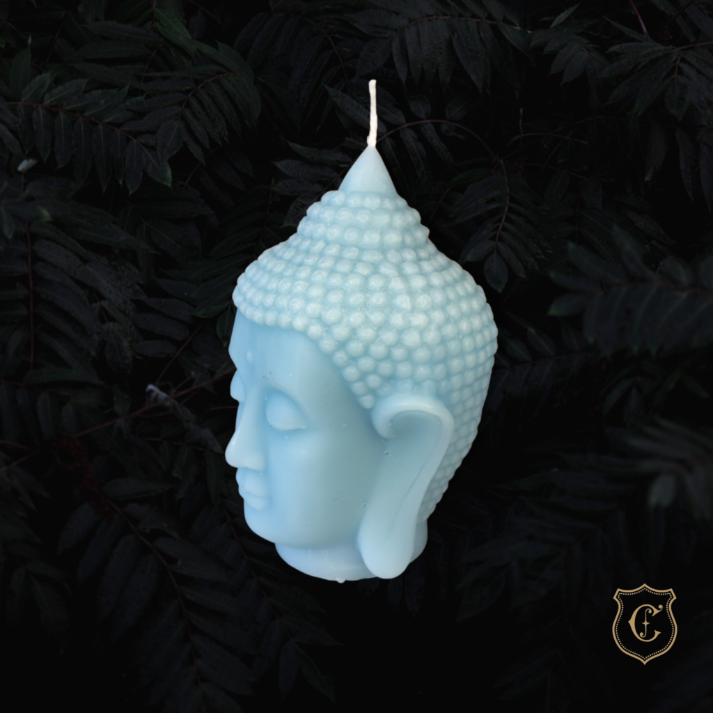 Bougie artisanale - Tête de Bouddha bleu clair - Profil gauche